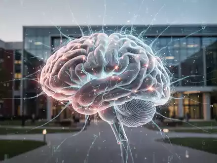 Ein stilisiertes Gehirn mit leuchtenden neuronalen Netzen, umgeben von digitalen Datenströmen, vor einem unscharfen Universitätsgebäude. - Foto: über boerse-global.de