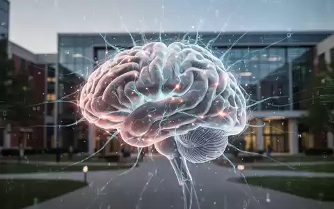 Ein stilisiertes Gehirn mit leuchtenden neuronalen Netzen, umgeben von digitalen Datenströmen, vor einem unscharfen Universitätsgebäude. - Foto: über boerse-global.de