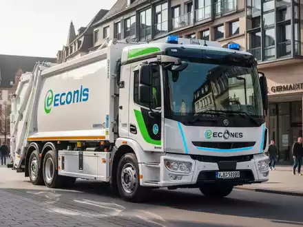 Ein modernes, elektrisches Müllsammelfahrzeug in einer sauberen städtischen Umgebung in Mainz, Deutschland, das Effizienz und Sicherheit symbolisiert. - Foto: über boerse-global.de