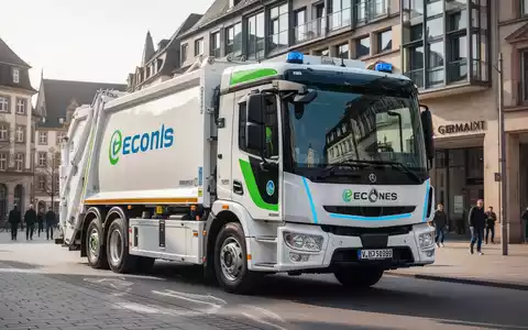 Ein modernes, elektrisches Müllsammelfahrzeug in einer sauberen städtischen Umgebung in Mainz, Deutschland, das Effizienz und Sicherheit symbolisiert. - Foto: über boerse-global.de
