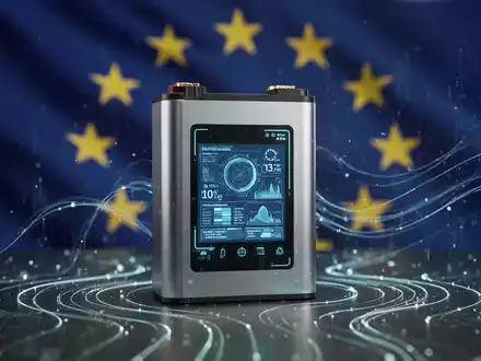 Eine moderne Batteriezelle mit digitaler Anzeige und Datenfluss-Visualisierung vor einer verschwommenen EU-Flagge. - Foto: ĂŒber boerse-global.de