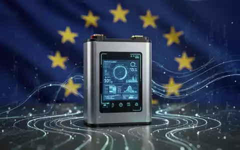 Eine moderne Batteriezelle mit digitaler Anzeige und Datenfluss-Visualisierung vor einer verschwommenen EU-Flagge. - Foto: über boerse-global.de