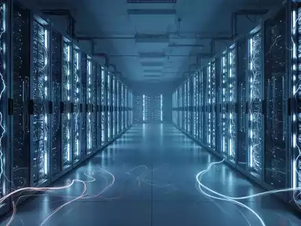 Ein riesiges, modernes Rechenzentrum mit Reihen von leuchtenden Server-Racks, die unendlichen Stromverbrauch symbolisieren. - Foto: über boerse-global.de