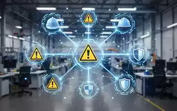Ein stilisiertes, blau leuchtendes Netzwerk digitaler Daten, das verschiedene Sicherheitssymbole in einer modernen Arbeitsumgebung verbindet. - Foto: über boerse-global.de