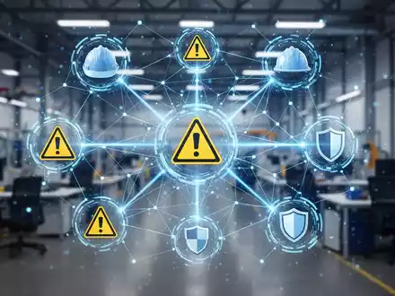 Ein stilisiertes, blau leuchtendes Netzwerk digitaler Daten, das verschiedene Sicherheitssymbole in einer modernen Arbeitsumgebung verbindet. - Foto: über boerse-global.de