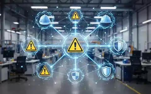 Ein stilisiertes, blau leuchtendes Netzwerk digitaler Daten, das verschiedene Sicherheitssymbole in einer modernen Arbeitsumgebung verbindet. - Foto: über boerse-global.de