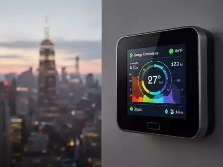 Ein modernes Smart-Thermostat zeigt digitale Energieverbrauchsdaten vor dem unscharfen Hintergrund einer städtischen Skyline bei Sonnenuntergang. - Foto: über boerse-global.de