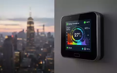 Ein modernes Smart-Thermostat zeigt digitale Energieverbrauchsdaten vor dem unscharfen Hintergrund einer städtischen Skyline bei Sonnenuntergang. - Foto: über boerse-global.de