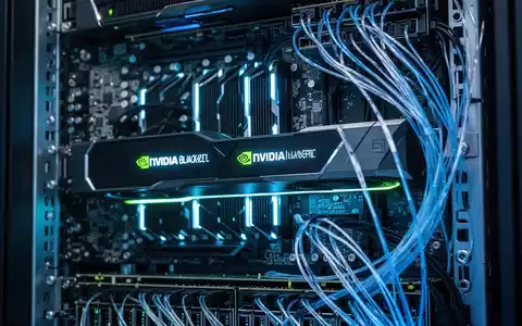 Nahaufnahme eines Serverracks mit leuchtenden NVIDIA Blackwell GPUs und komplexen Leiterplatten in einem Rechenzentrum. - Foto: über boerse-global.de
