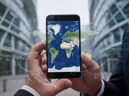 Eine Hand hält ein iPhone mit digitaler Weltkarte, umgeben von Datenströmen, vor unscharfem modernem Hintergrund. - Foto: über boerse-global.de