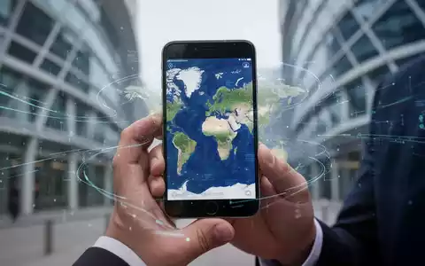 Eine Hand hält ein iPhone mit digitaler Weltkarte, umgeben von Datenströmen, vor unscharfem modernem Hintergrund. - Foto: über boerse-global.de