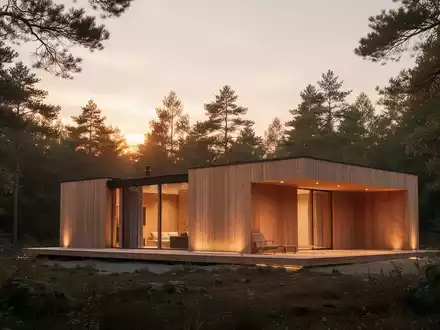 Ein modernes, minimalistisches Holzhaus steht inmitten einer ruhigen Naturlandschaft bei Sonnenuntergang. Es hat klare Linien und große Fenster. - Foto: über boerse-global.de