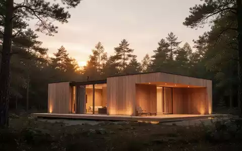 Ein modernes, minimalistisches Holzhaus steht inmitten einer ruhigen Naturlandschaft bei Sonnenuntergang. Es hat klare Linien und große Fenster. - Foto: über boerse-global.de
