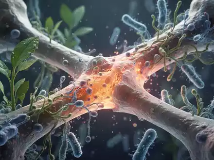 Nahaufnahme eines stilisierten Mikroskopbilds, das Knochenregeneration, Pflanzenstrukturen und Bakterien in lebendigen Farben zeigt. - Foto: über boerse-global.de