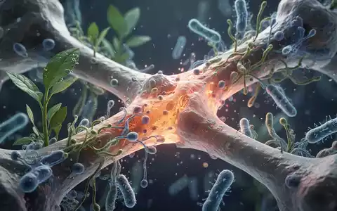 Nahaufnahme eines stilisierten Mikroskopbilds, das Knochenregeneration, Pflanzenstrukturen und Bakterien in lebendigen Farben zeigt. - Foto: über boerse-global.de