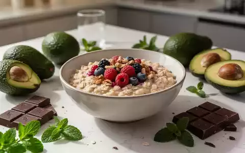 Eine Schale Haferflocken mit Beeren und Nüssen, umgeben von Avocados, dunkler Schokolade und Minze auf einer Arbeitsplatte. - Foto: über boerse-global.de