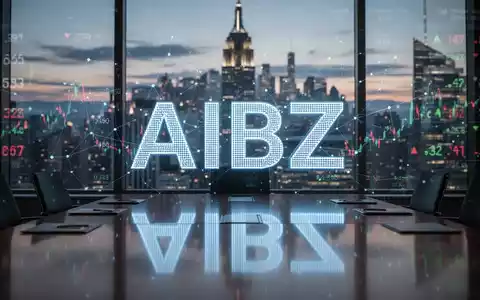Ein stilisiertes AIBZ-Aktienticker-Symbol auf einem digitalen Bildschirm in einem Vorstandssaal, mit Skyline im Hintergrund. - Foto: über boerse-global.de