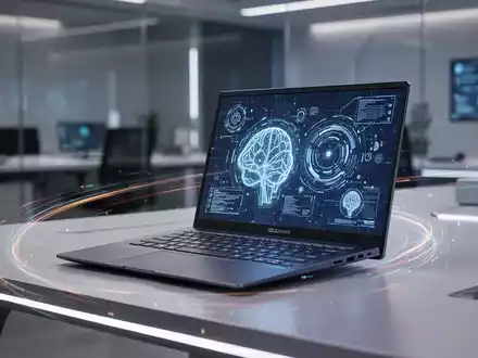 Schlankes ASUS Zenbook 14 auf futuristischem Schreibtisch, KI-Grafiken auf dem Bildschirm, digitale Lichtspuren. - Foto: über boerse-global.de