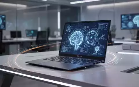 Schlankes ASUS Zenbook 14 auf futuristischem Schreibtisch, KI-Grafiken auf dem Bildschirm, digitale Lichtspuren. - Foto: über boerse-global.de