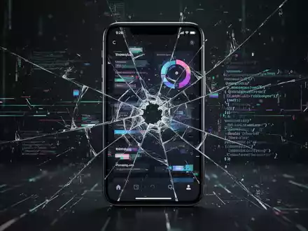 Ein Smartphone-Bildschirm zeigt eine gestörte App-Oberfläche mit defekten Elementen und digitalen Linien, die Softwareprobleme darstellen. - Foto: über boerse-global.de
