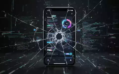 Ein Smartphone-Bildschirm zeigt eine gestörte App-Oberfläche mit defekten Elementen und digitalen Linien, die Softwareprobleme darstellen. - Foto: über boerse-global.de