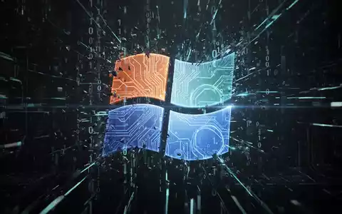 Stilisierter Windows-Logo, zersplittert in Binärcode und Leiterplattenmuster, mit Glitch-Effekten und blauen Leuchtlinien. - Foto: über boerse-global.de