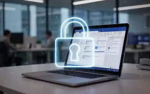 Leuchtendes Vorhängeschloss-Symbol über verschwommenem Laptop-Bildschirm mit Microsoft-Office-Anwendung, symbolisiert Datensicherheit und Zugriffskontrolle. - Foto: über boerse-global.de