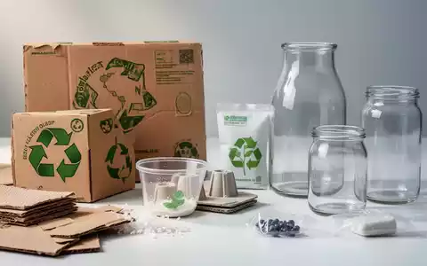 Nahaufnahme verschiedener nachhaltiger Verpackungsmaterialien wie recycelter Karton und Biokunststoffe, die EU-Vorschriften symbolisieren. - Foto: über boerse-global.de