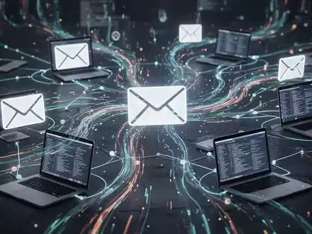 Digitale Illustration mit E-Mail-Symbolen und Datenströmen zwischen vernetzten Geräten, die E-Mail-Sendebegrenzungen darstellt. - Foto: über boerse-global.de