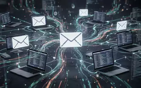 Digitale Illustration mit E-Mail-Symbolen und Datenströmen zwischen vernetzten Geräten, die E-Mail-Sendebegrenzungen darstellt. - Foto: über boerse-global.de