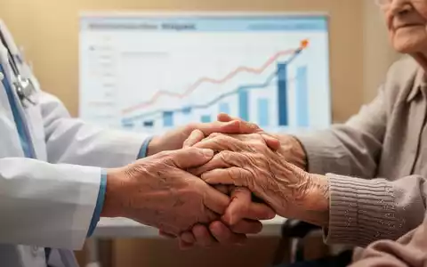 Nahaufnahme der Hände einer Pflegekraft, die die Hand eines älteren Patienten hält, mit verschwommenen steigenden Finanzdiagrammen im Hintergrund. - Foto: über boerse-global.de