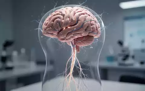 Ein detailliertes Modell eines menschlichen Gehirns mit leuchtenden neuronalen Pfaden und einer transluzenten Darstellung des Vagusnervs. - Foto: über boerse-global.de