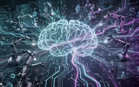 Leuchtendes, futuristisches neuronales Netzwerk-Design mit abstrakten Datenströmen und Roboterarmen, das fortschrittliche KI und Automatisierung symbolisiert. - Foto: über boerse-global.de