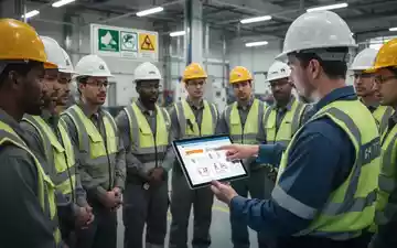 Arbeiter in Schutzkleidung nehmen an einer Sicherheitsunterweisung in einer modernen Fabrik teil, ein Vorgesetzter zeigt auf ein Tablet. - Foto: über boerse-global.de