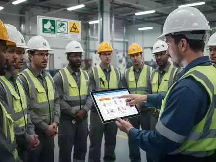 Arbeiter in Schutzkleidung nehmen an einer Sicherheitsunterweisung in einer modernen Fabrik teil, ein Vorgesetzter zeigt auf ein Tablet. - Foto: über boerse-global.de