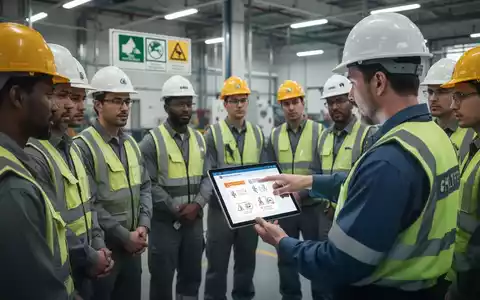Arbeiter in Schutzkleidung nehmen an einer Sicherheitsunterweisung in einer modernen Fabrik teil, ein Vorgesetzter zeigt auf ein Tablet. - Foto: über boerse-global.de