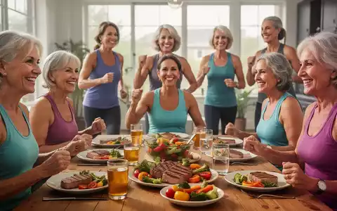 Eine Gruppe vitaler Frauen mittleren Alters, die gemeinsam eine gesunde, proteinreiche Mahlzeit genießen oder Sport treiben. - Foto: über boerse-global.de