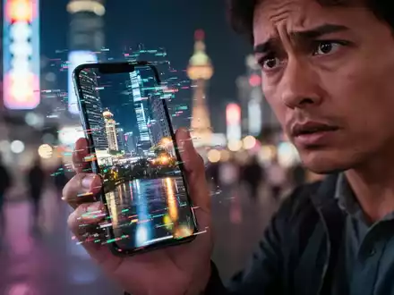 Eine Hand hält ein Smartphone mit einem gestörten Bildschirm, der die Lichter einer Stadt bei Nacht widerspiegelt. Die Person sieht besorgt aus. - Foto: über boerse-global.de