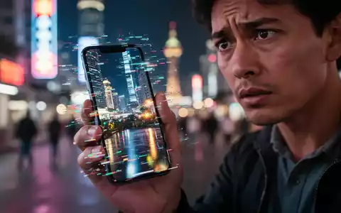 Eine Hand hält ein Smartphone mit einem gestörten Bildschirm, der die Lichter einer Stadt bei Nacht widerspiegelt. Die Person sieht besorgt aus. - Foto: über boerse-global.de