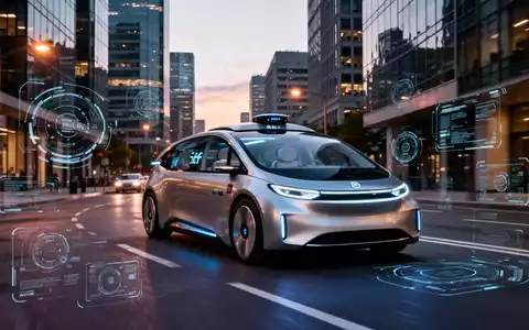 Ein elegantes, futuristisches autonomes Fahrzeug fährt in der Dämmerung durch eine Stadtstraße. - Foto: über boerse-global.de