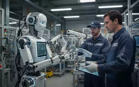 Ein humanoider Roboter mit schlankem, metallischem Design arbeitet mit einem Menschen in einer modernen, hellen Fabrikumgebung zusammen. - Foto: über boerse-global.de