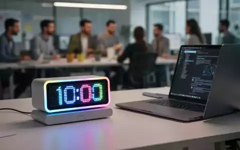 Schlankes, minimalistisches Desktop-Produktivitätsgerät mit beleuchtetem RGB-LED-Matrix-Display, das einen Fokus-Timer zeigt, neben einem modernen Laptop. - Foto: über boerse-global.de