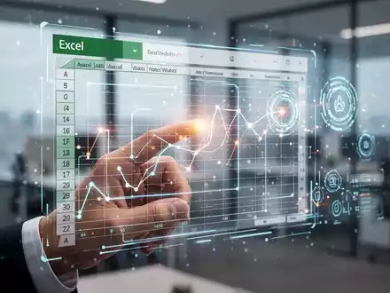 Eine Hand interagiert mit einer holografischen Excel-Tabelle mit Finanzdaten und leuchtenden KI-Elementen in einem modernen Büro. - Foto: über boerse-global.de