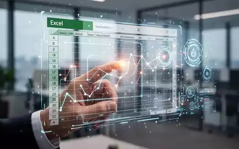Eine Hand interagiert mit einer holografischen Excel-Tabelle mit Finanzdaten und leuchtenden KI-Elementen in einem modernen Büro. - Foto: über boerse-global.de