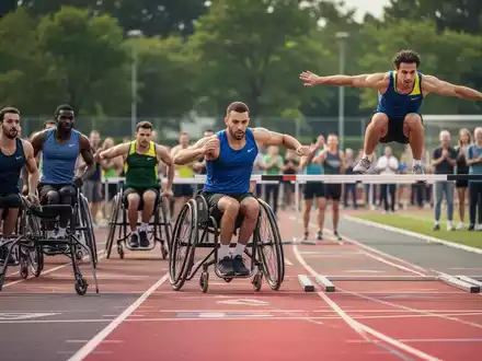 Sportler mit verschiedenen Beeinträchtigungen nehmen an Leichtathletik-Wettbewerben teil, darunter Laufen und Weitsprung. - Foto: über boerse-global.de