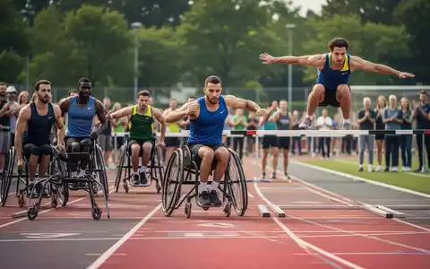 Sportler mit verschiedenen Beeinträchtigungen nehmen an Leichtathletik-Wettbewerben teil, darunter Laufen und Weitsprung. - Foto: über boerse-global.de
