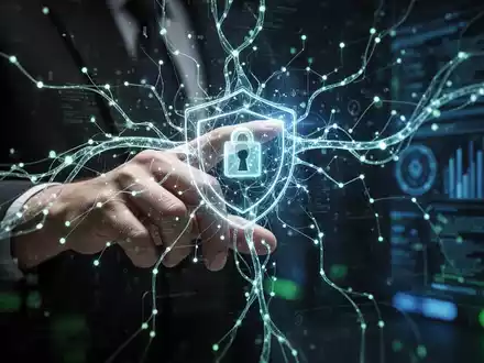 Eine Hand interagiert mit einer digitalen Oberfläche, überlagert von einem leuchtenden neuronalen Netzwerk, das KI-Sicherheit symbolisiert. - Foto: über boerse-global.de