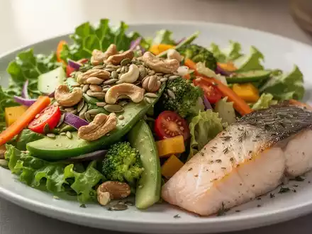 Nahaufnahme einer gesunden Mahlzeit mit Salat, Nüssen, Samen, Gemüse und Fisch, die eine cholesterinsenkende Ernährung darstellt. - Foto: über boerse-global.de