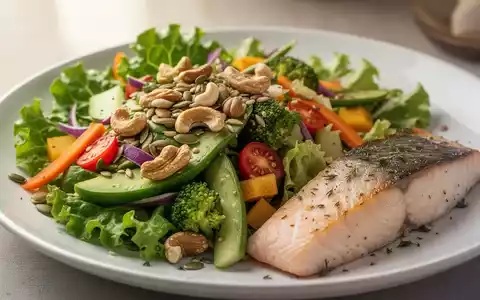 Nahaufnahme einer gesunden Mahlzeit mit Salat, Nüssen, Samen, Gemüse und Fisch, die eine cholesterinsenkende Ernährung darstellt. - Foto: über boerse-global.de
