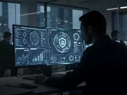 Eine dunkle Figur in einem modernen Büro betrachtet einen Computerbildschirm mit digitalen Sicherheitsdaten, was eine Bedrohung durch Innentäter darstellt. - Foto: über boerse-global.de